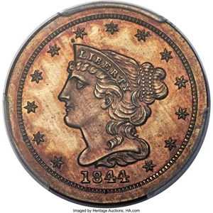 image for: 1844 1/2 C Second Restrike, B-3, R.6, PR64 Brown PCGS Secure....