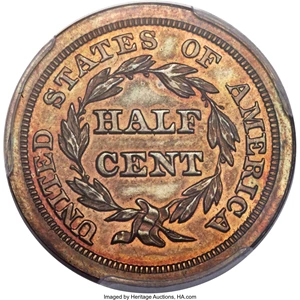 image for: 1844 1/2 C Second Restrike, B-3, R.6, PR64 Brown PCGS Secure....