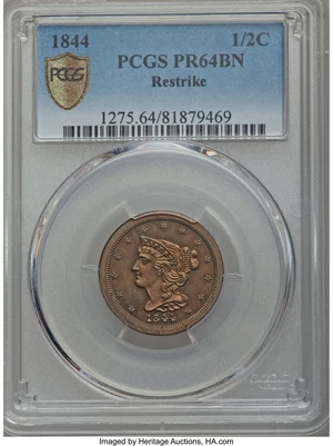image for: 1844 1/2 C Second Restrike, B-3, R.6, PR64 Brown PCGS Secure....