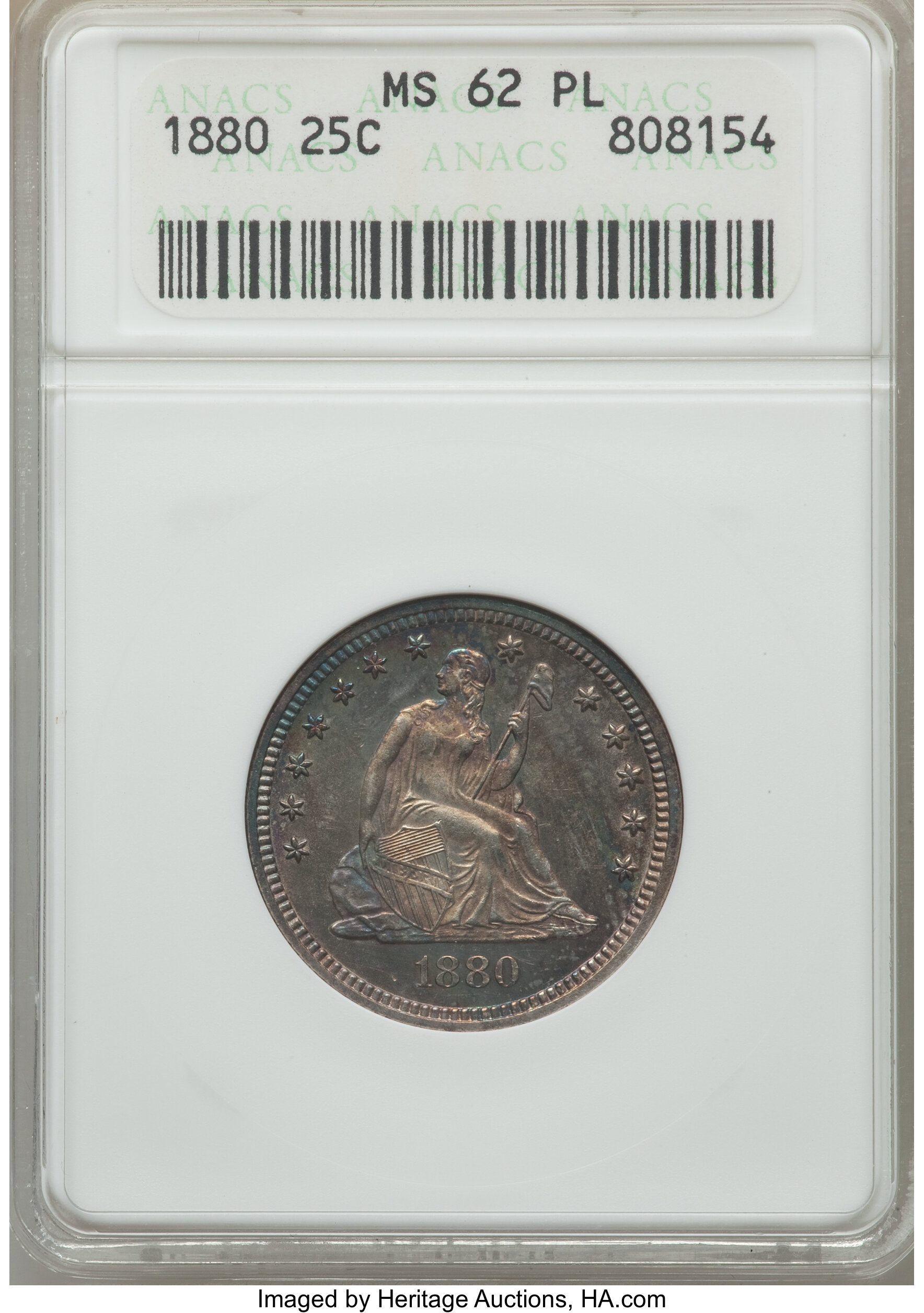 1880 25C MS62 Prooflike ANACS. NGC Census: (5/102). PCGS Population: (21/163). Mintage 13,600....
