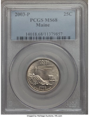 image for: 2003-P 25C Maine MS68 PCGS. PCGS Population: (21/0). NGC Census: (4/0). From The Mile High Collection....