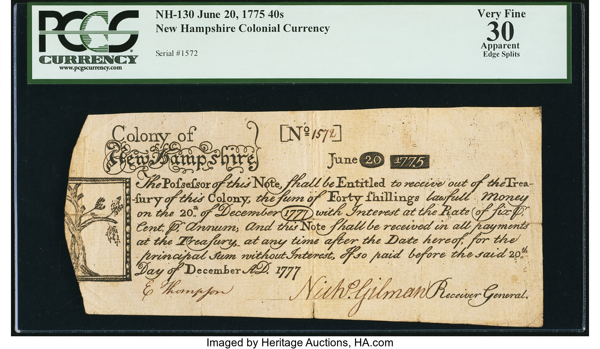 image for: New Hampshire June 20, 1775 40s PCGS Apparent Very Fine 30....