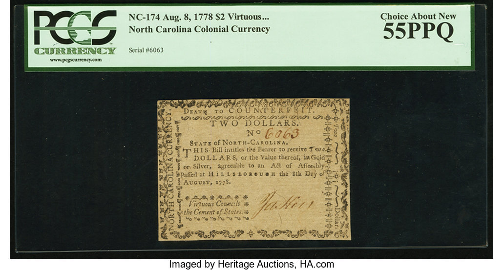 image for: North Carolina August 8, 1778 $2 Virtuous Councils the Cement of States PCGS Choice About New 55PPQ....
