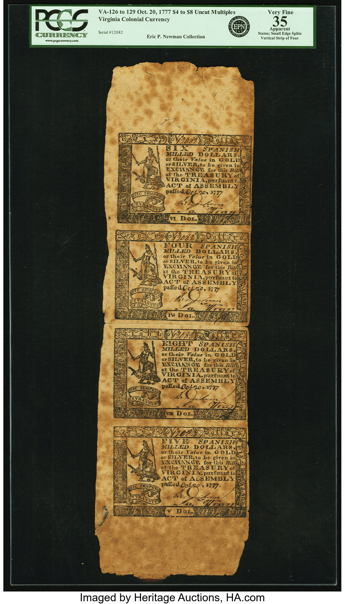image for: Virginia October 20, 1777 $4, $5, $6, and $8 Vertical Strip of Four PCGS Apparent Very Fine 35....