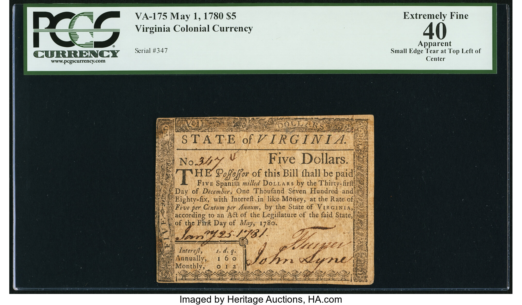 image for: Virginia May 1, 1780 $5 PCGS Apparent Extremely Fine 40....