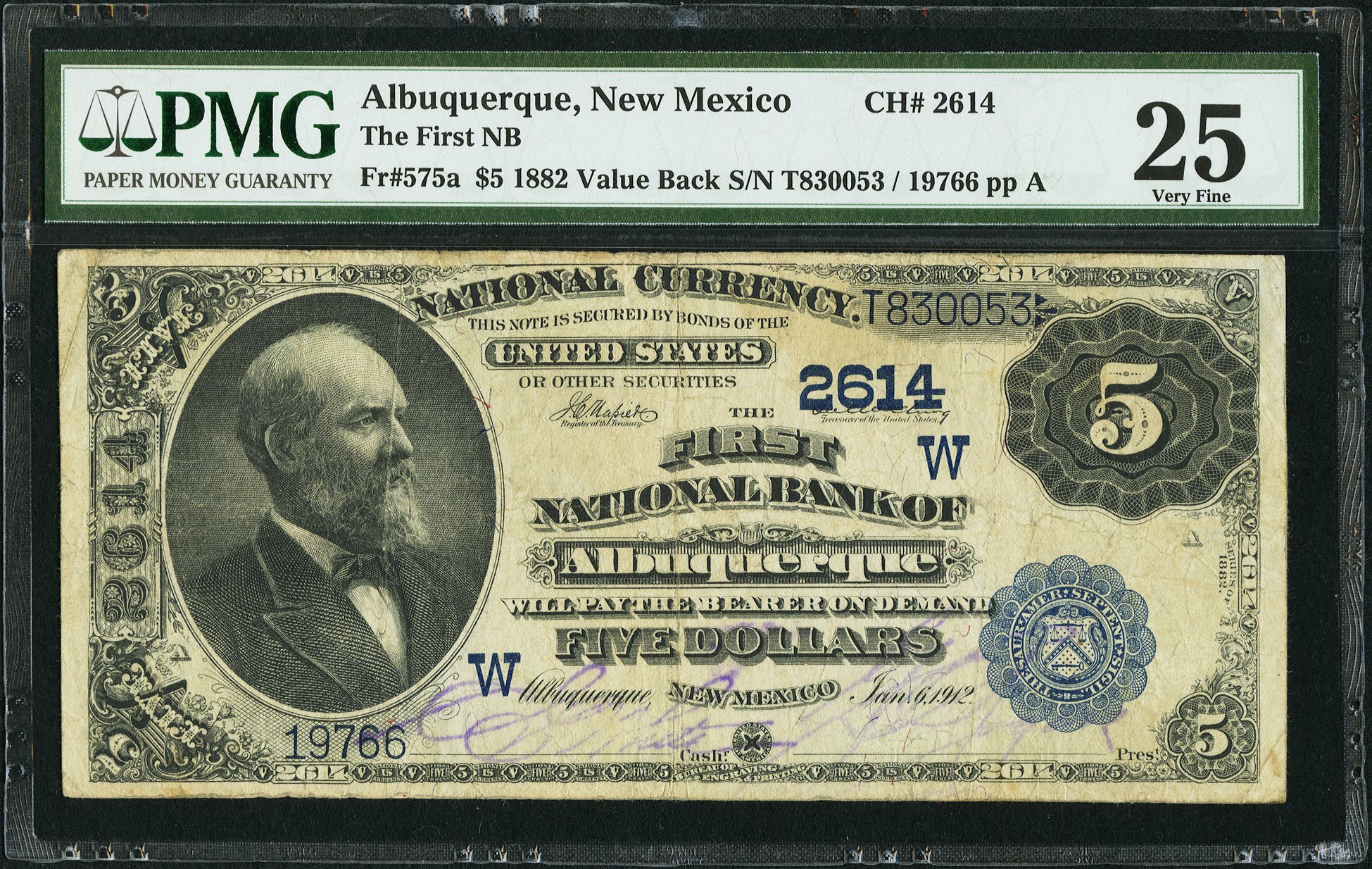 image for: Albuquerque, NM - $5 1882 Value Back Fr. 575a The First NB Ch. # (W)2614...