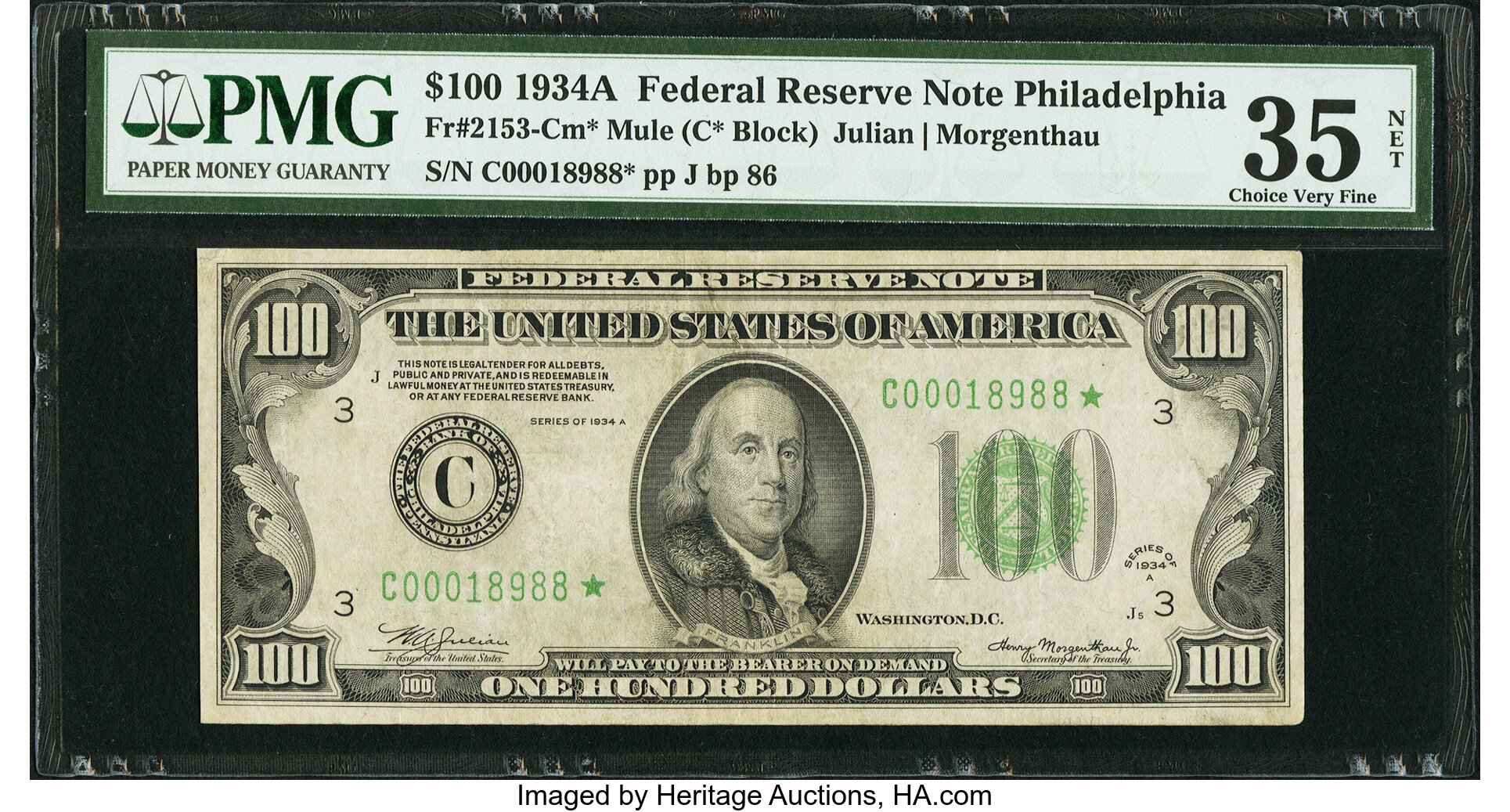 image for: Fr. 2153-C* $100 1934A Mule Federal Reserve Note. PMG Choice Very Fine 35 Net....
