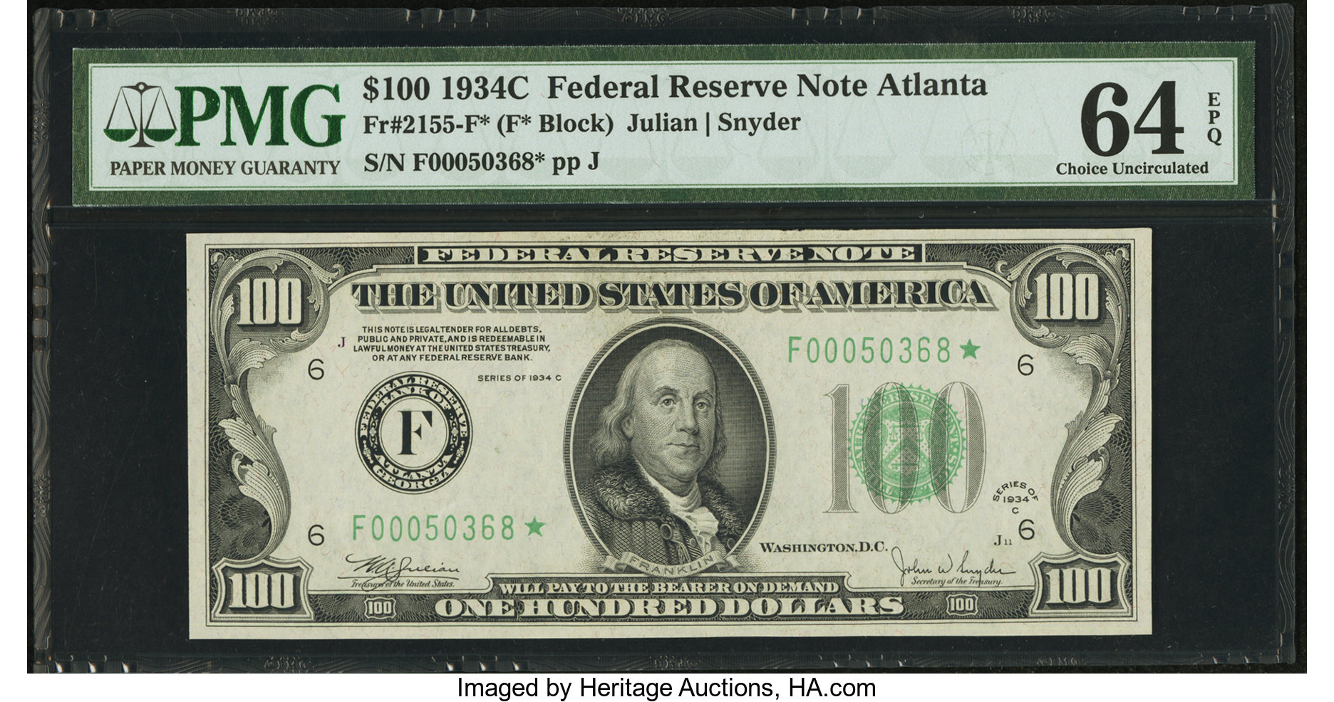 image for: Fr. 2155-F* $100 1934C Federal Reserve Note. PMG Choice Uncirculated 64 EPQ....
