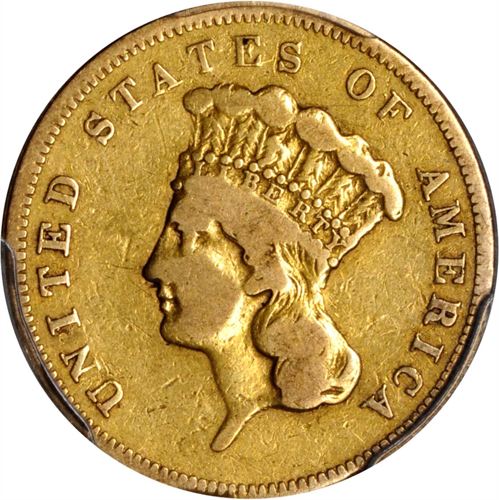 1855 Three-Dollar Gold Piece. VG-10 (PCGS).