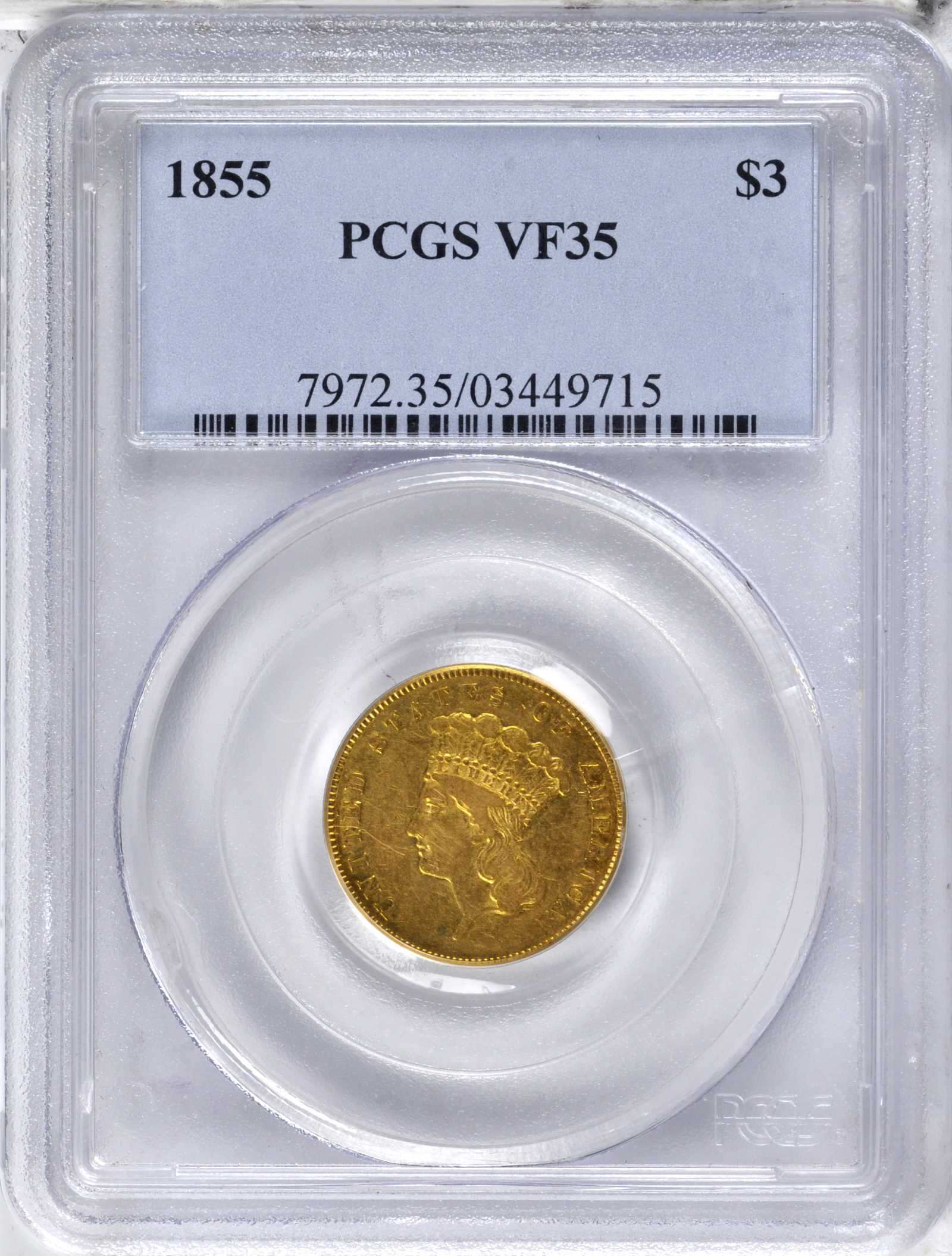1855 $3 VF35 CAC thumbnail 3