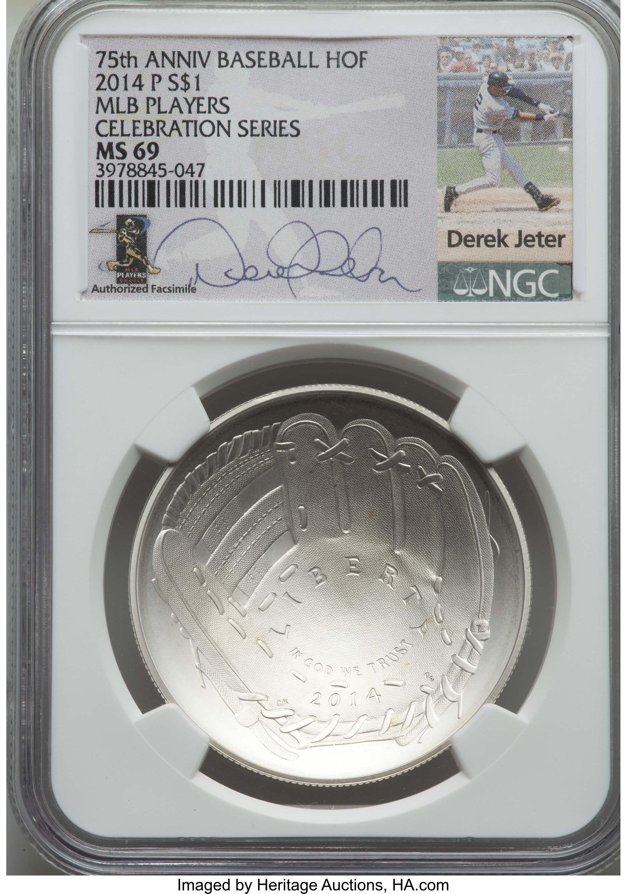 2014-P $1 Baseball Hall of Fame Silver Dollar, 75th Anniversary, MS69 NGC. NGC MLB Players Celebration Series Derek Jeter. ...