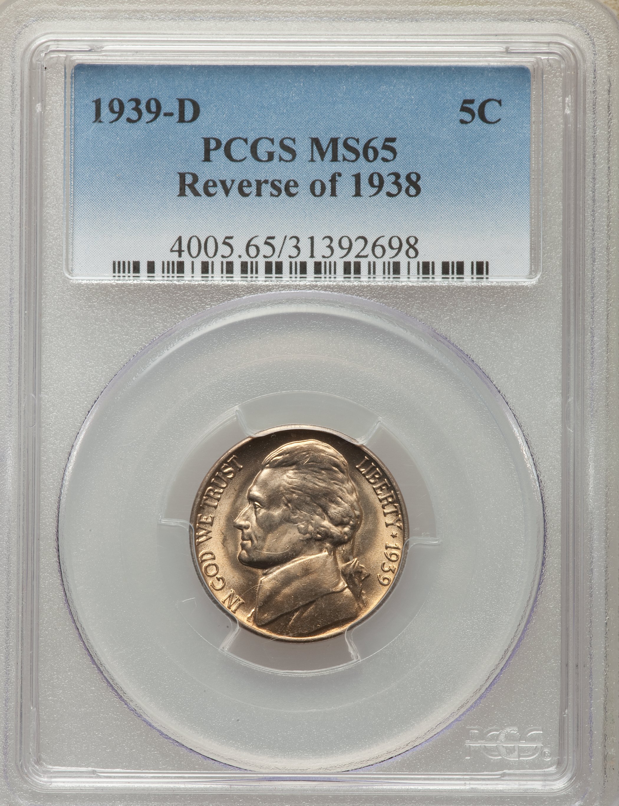 1939-D 5C Reverse of 1938 MS65 PCGS. PCGS Population: (418/744). NGC Census: (50/447). CDN: $85 Whsle. Bid for problem-free...