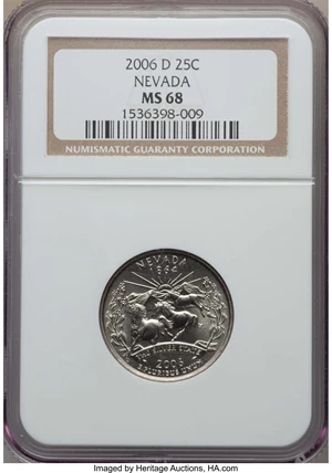 image for: 2006-D 25C Nevada MS68 NGC. NGC Census: (13/0). PCGS Population: (14/0)....