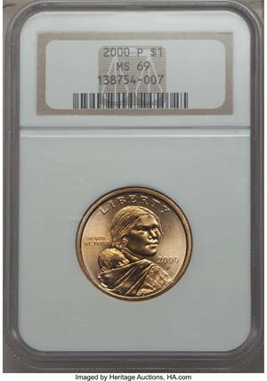 image for: 2000-P SAC$1 MS69 NGC. NGC Census: (76/0). PCGS Population: (4/0). ...