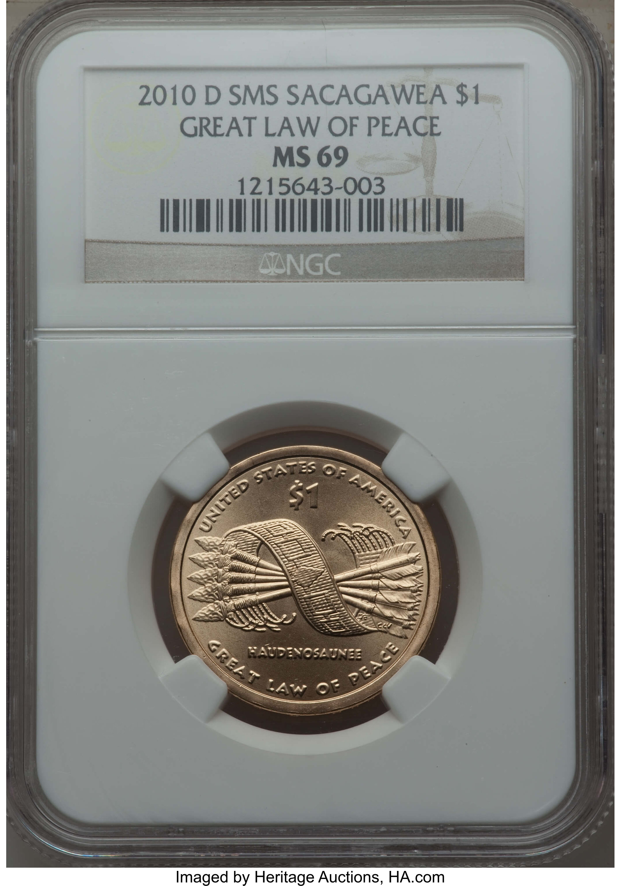 image for: 2010-P $1 Great Law of Peace, Satin Finish MS69 NGC. NGC Census: (0/0). PCGS Population: (4/0)....