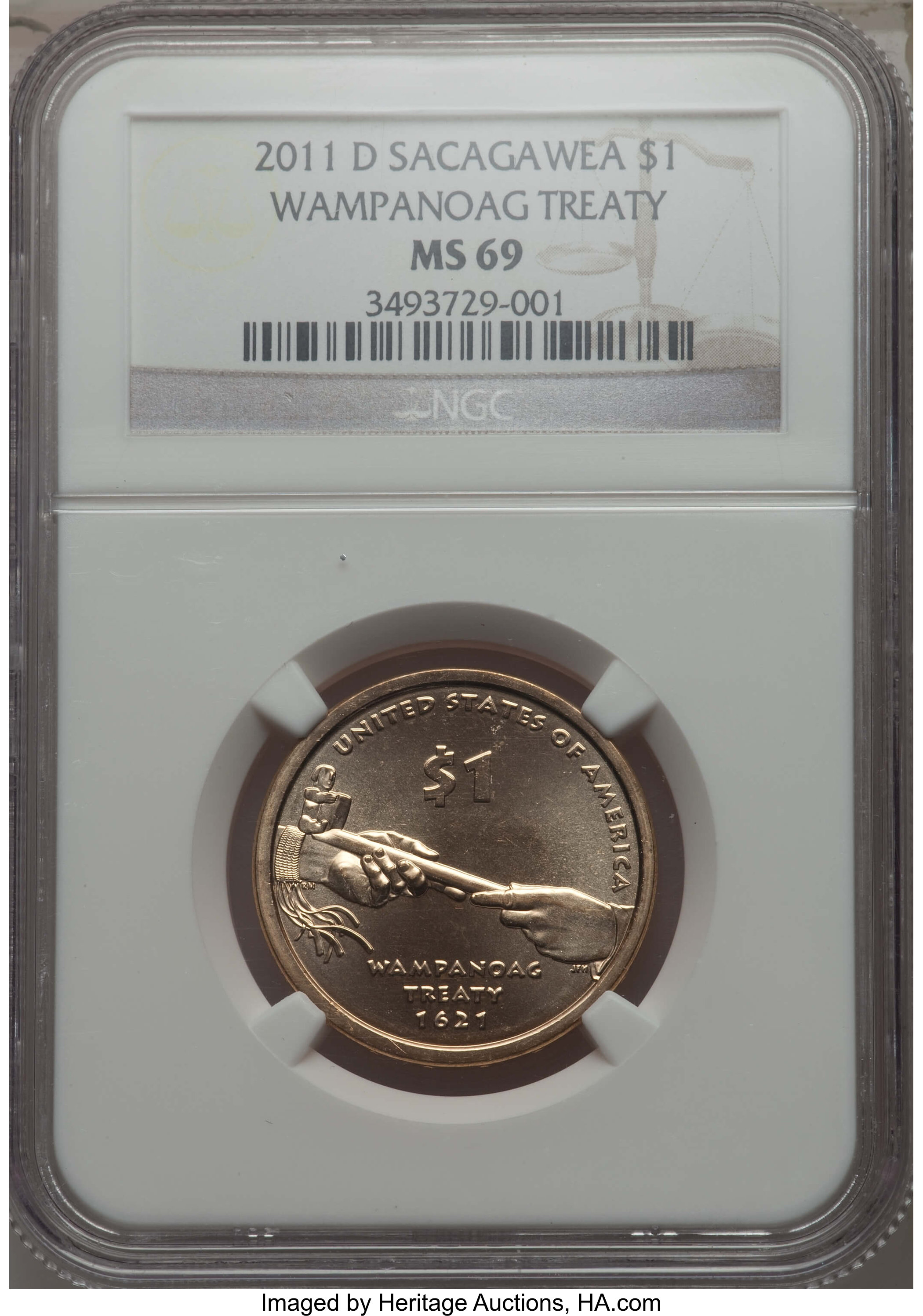 image for: 2011-D $1 Wampanoag Treaty MS69 NGC. NGC Census: (0/0). PCGS Population: (0/0)....
