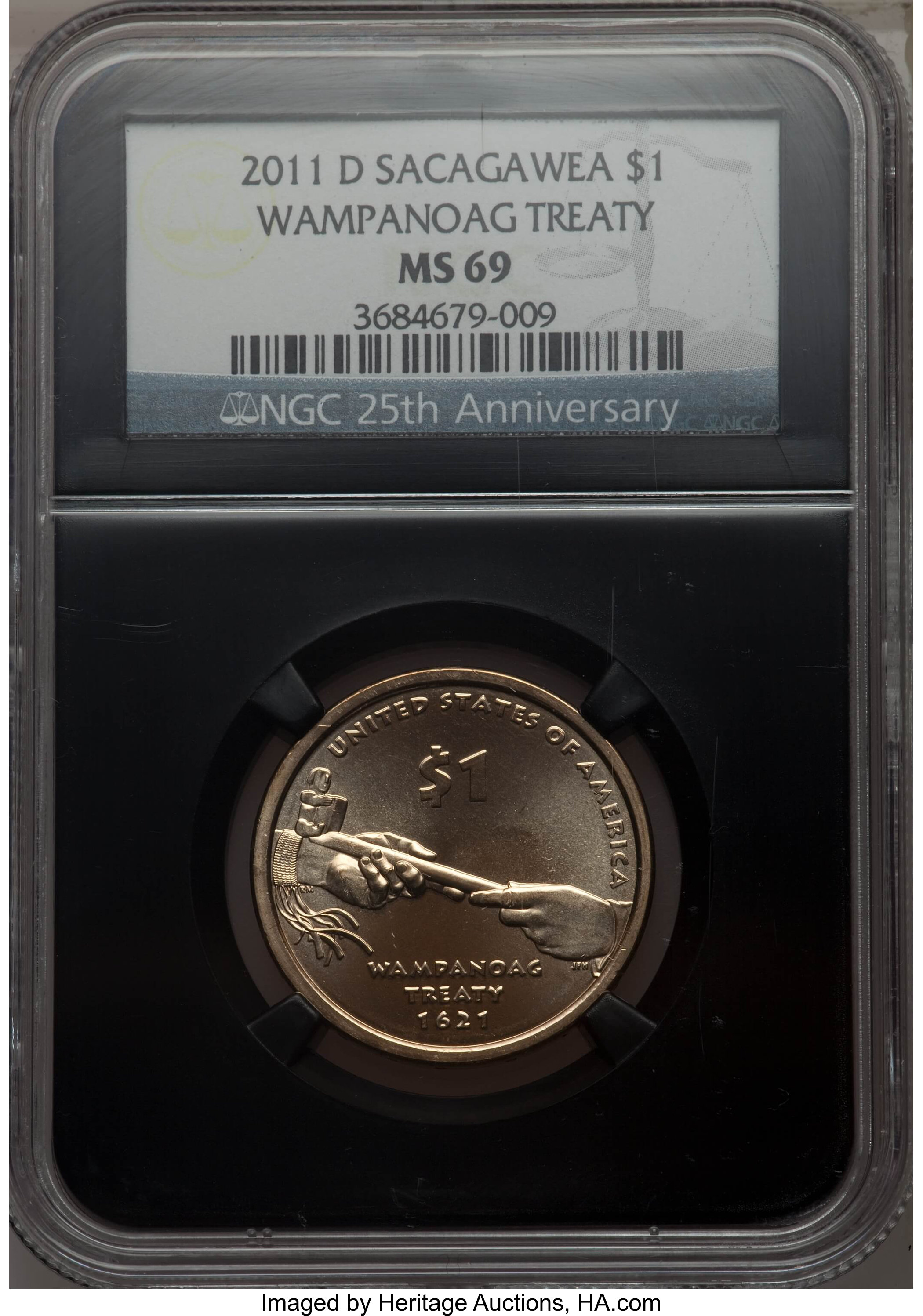 image for: 2011-D $1 Wampanoag Treaty MS69 NGC.  NGC 25th Anniversary Holder. NGC Census: (0/0). PCGS Population: (0/0)....