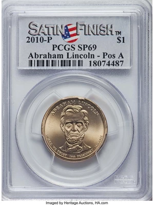 image for: 2010-P $1 Abraham Lincoln, Position A, Satin Finish SP69 PCGS. PCGS Population: (5/0). NGC Census: (0/0)....