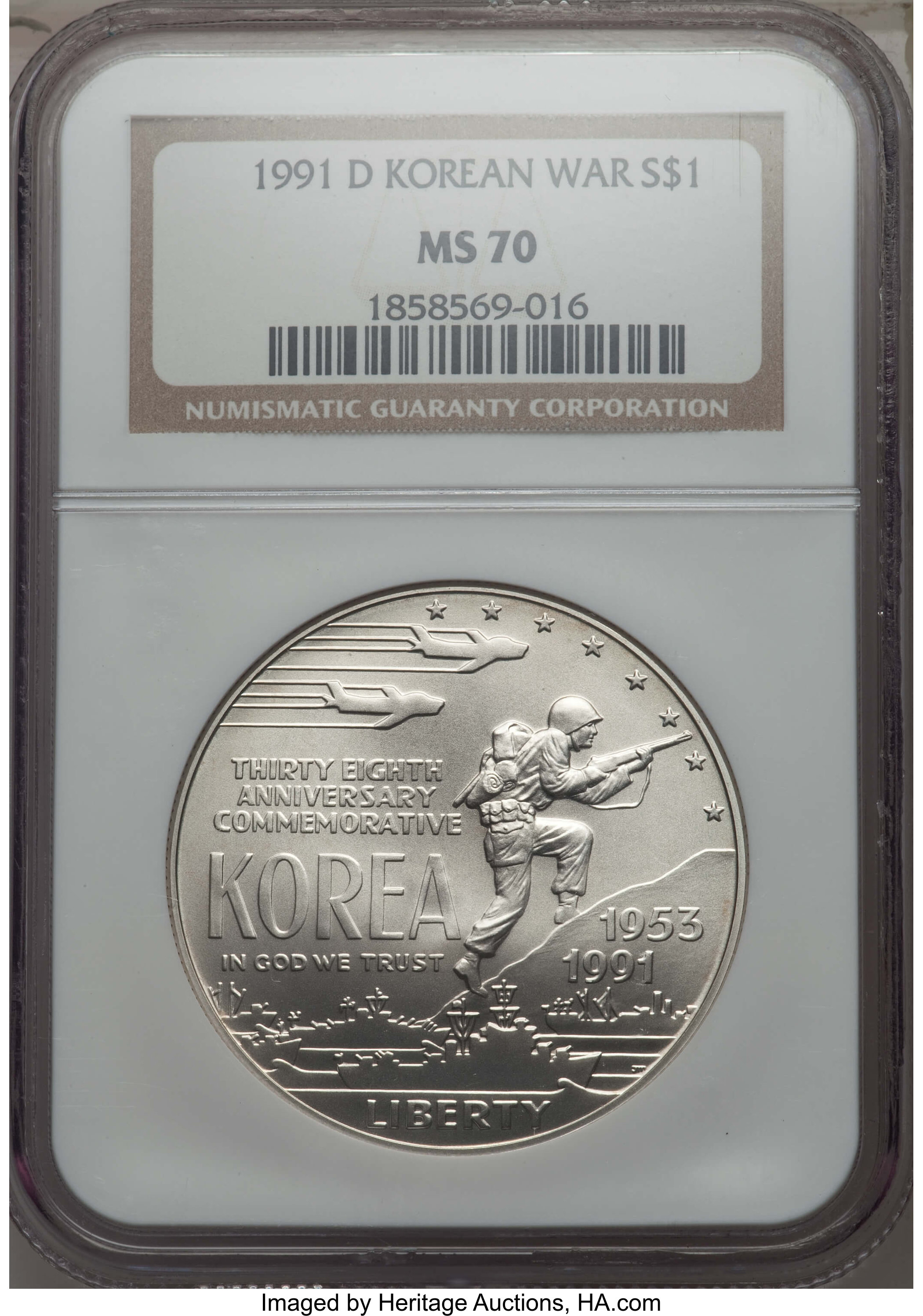 1991-D $1 Korean War Silver Dollar MS70 NGC. NGC Census: (318). PCGS Population: (379). Mintage 446,290....