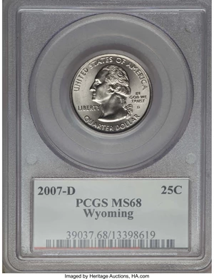 image for: 2007-D 25C Wyoming MS68 PCGS. PCGS Population: (9/0). NGC Census: (3/0). ...