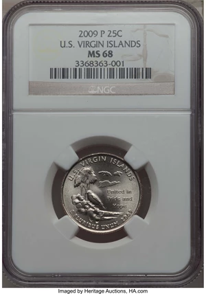 image for: 2009-P 25C U.S. Virgin Islands MS68 NGC. NGC Census: (6/0). PCGS Population: (3/0). ...