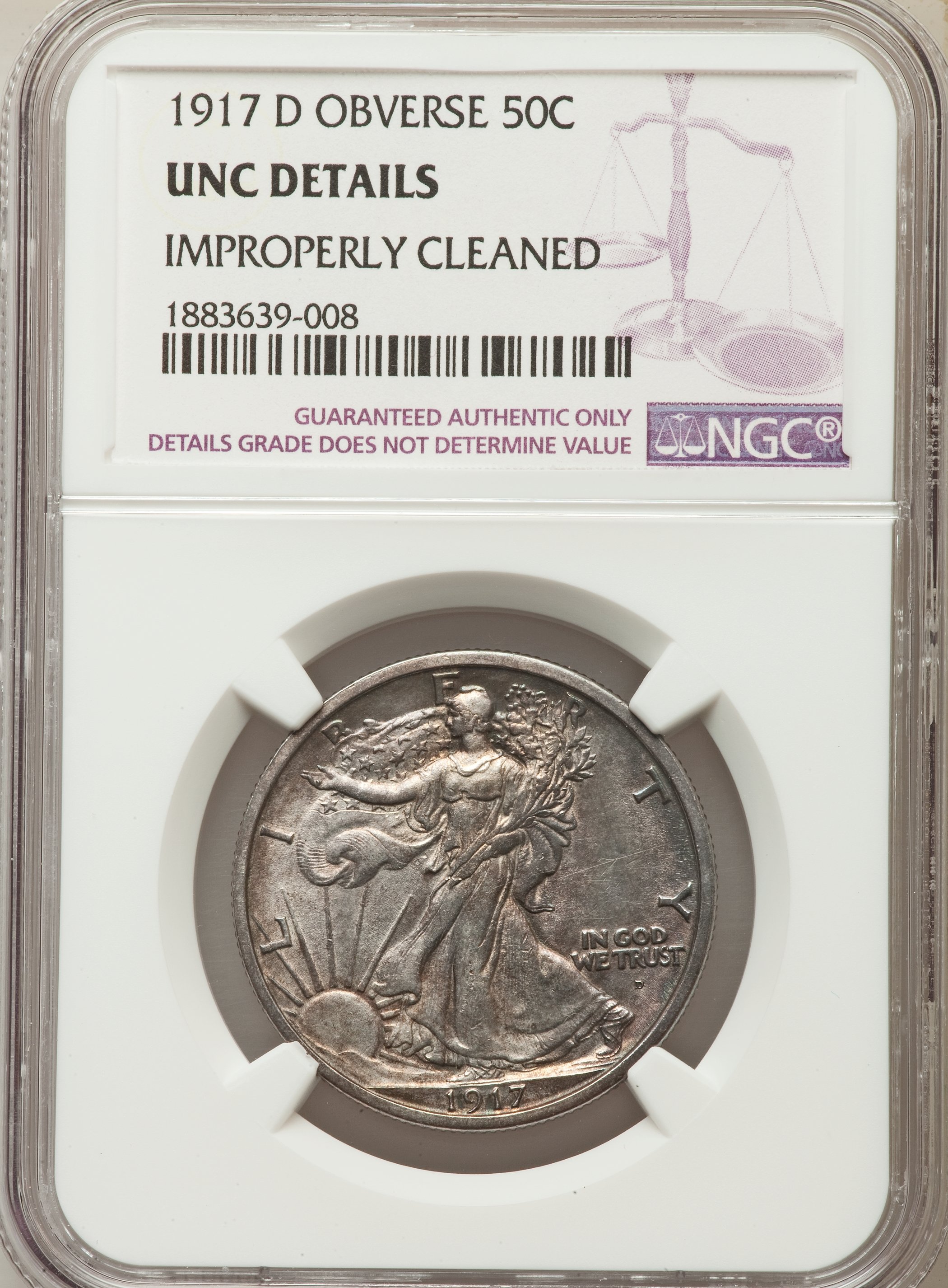 1917-D 50C Obverse -- Improperly Cleaned -- NGC Details. UNC. NGC Census: (2/582). PCGS Population: (9/711). CDN: $500 Whsl...