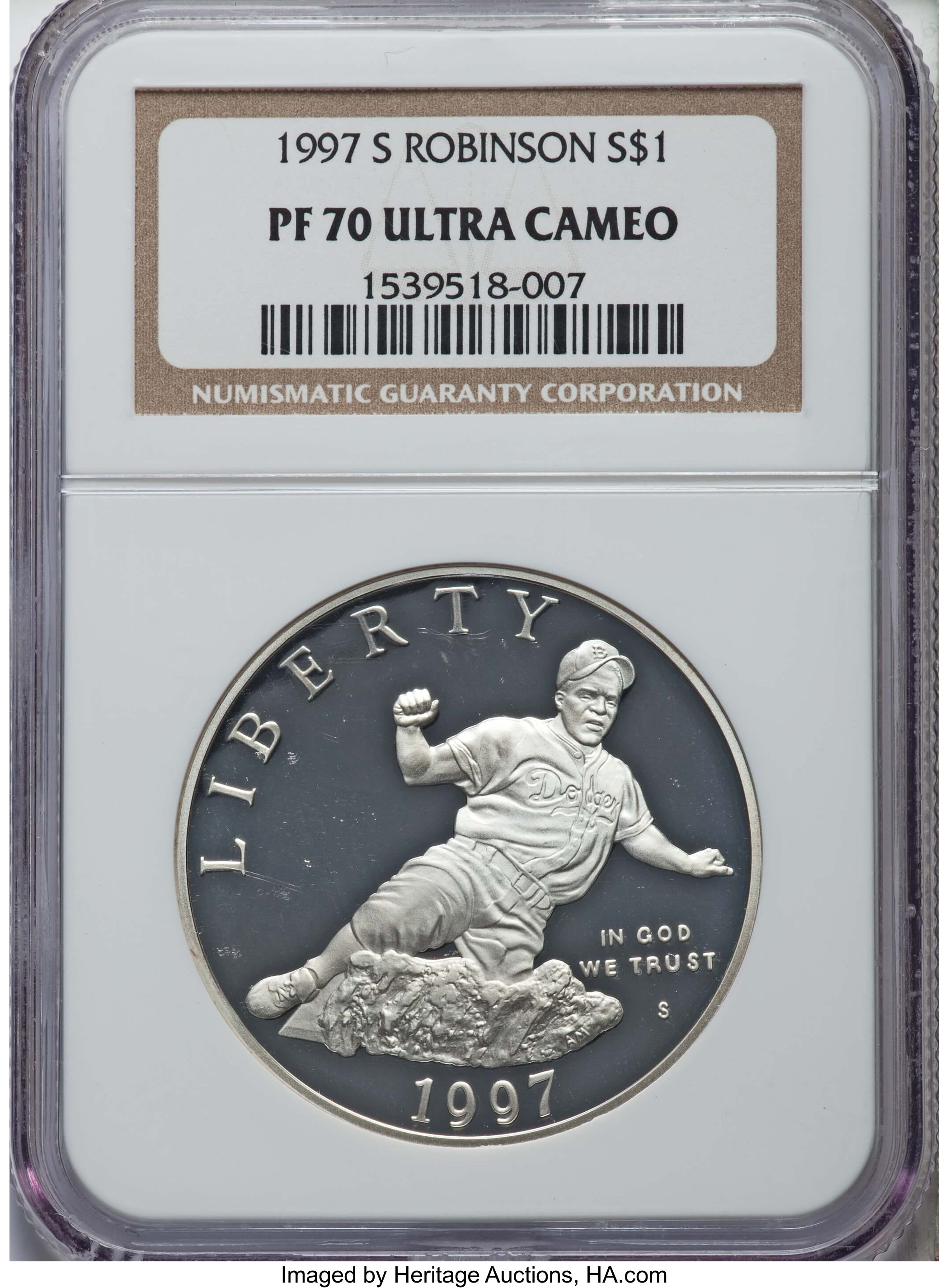 1997-S $1 Jackie Robinson Silver Dollar PR70 Ultra Cameo NGC. NGC Census: (61). PCGS Population: (135). ...
