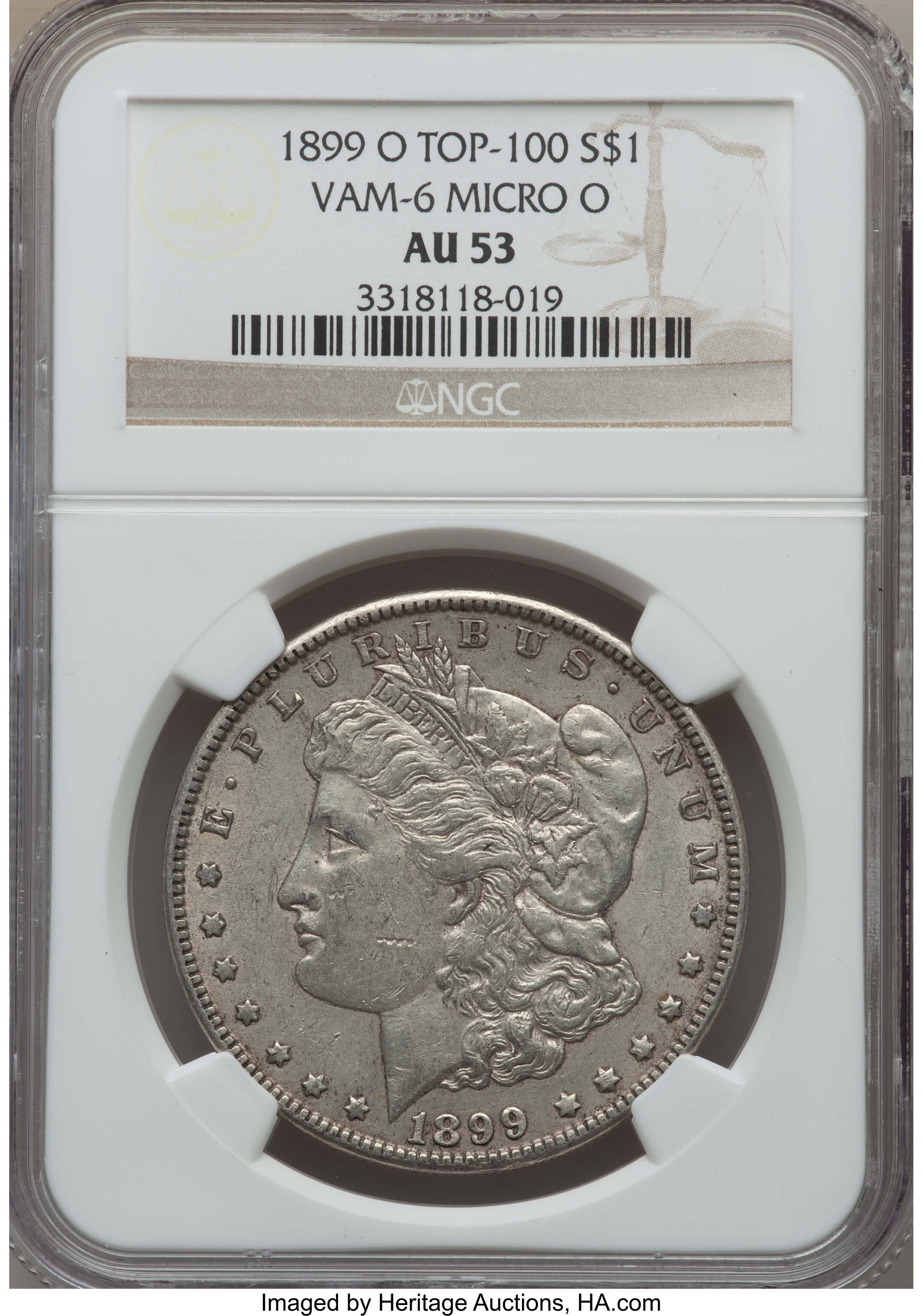 1899-O $1 Micro O, VAM-6 AU53 NGC. TOP-100. NGC Census: (38/57440). PCGS Population: (12/57452). Mintage 12,290,000....