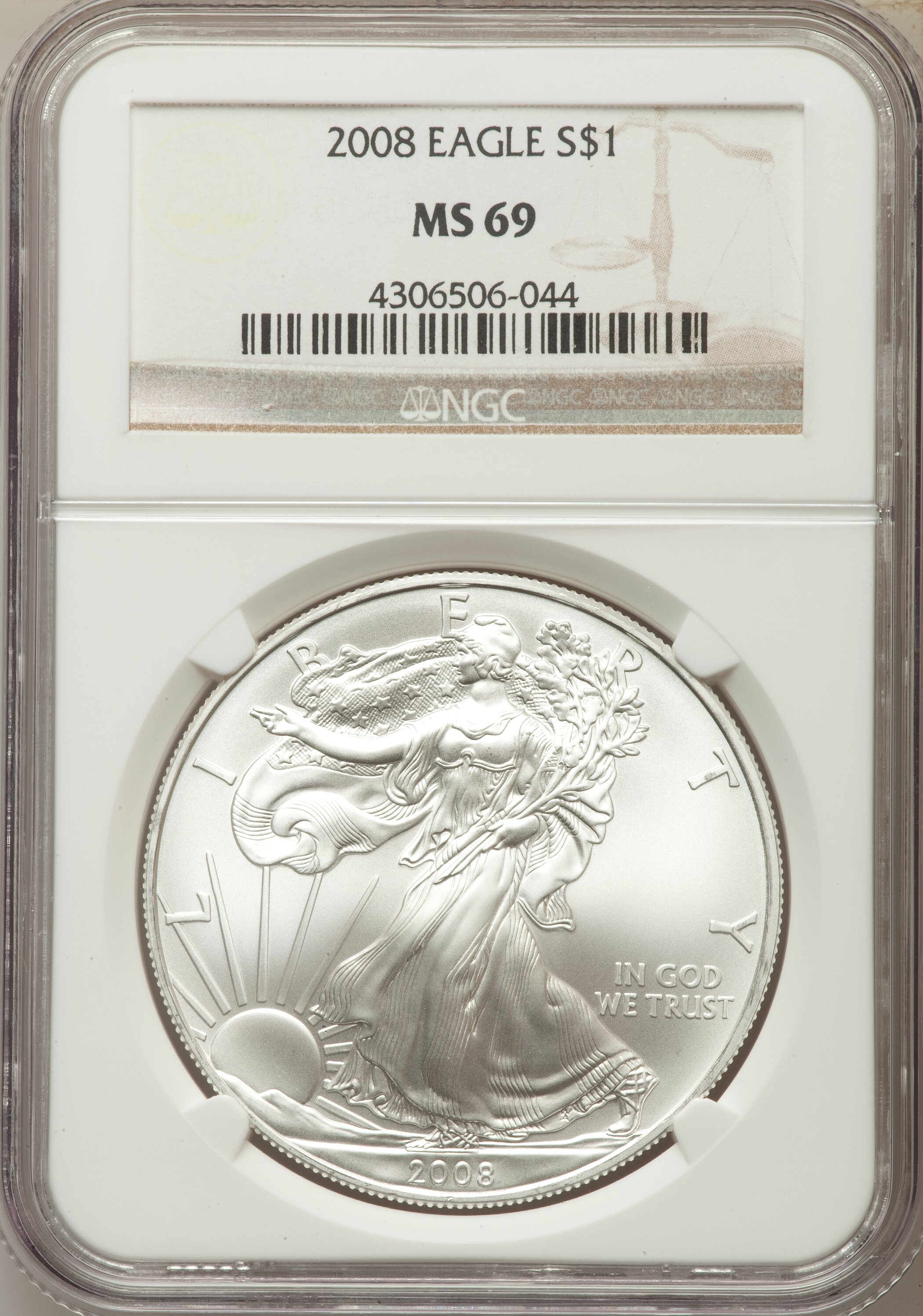 2008 $1 American Silver Eagle MS69 NGC. NGC Census: (65043/6307). PCGS Population: (4561/1820). ...