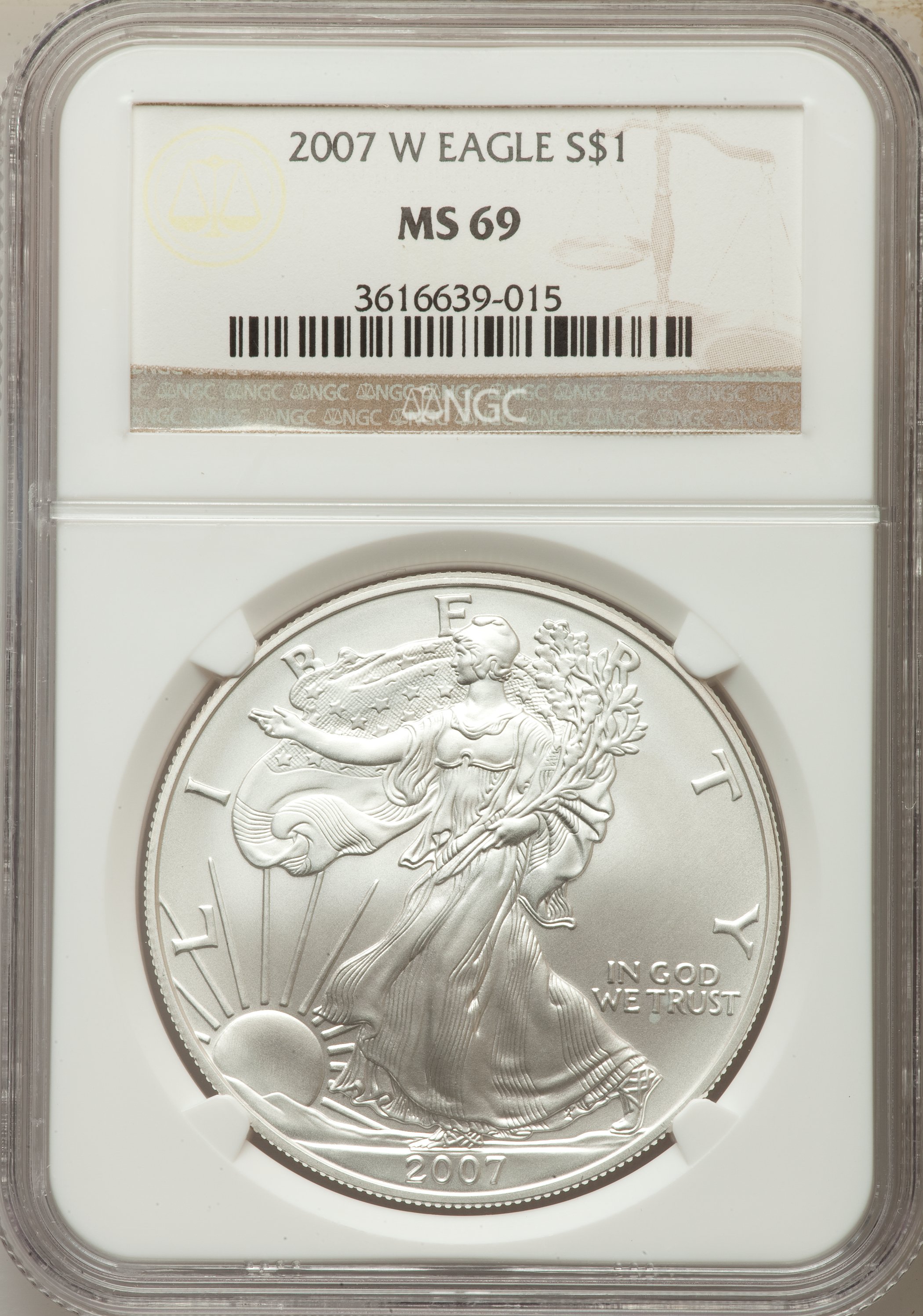 2007-W $1 Silver Eagle, Burnished, MS69 NGC. NGC Census: (26114/13250). PCGS Population: (6181/4322)....