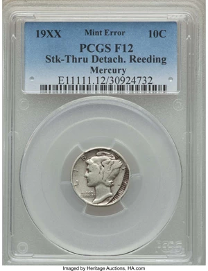 image for: 19XX 10C Mercury Dime -- Struck Thru Detached Reeding -- Fine 12 PCGS....