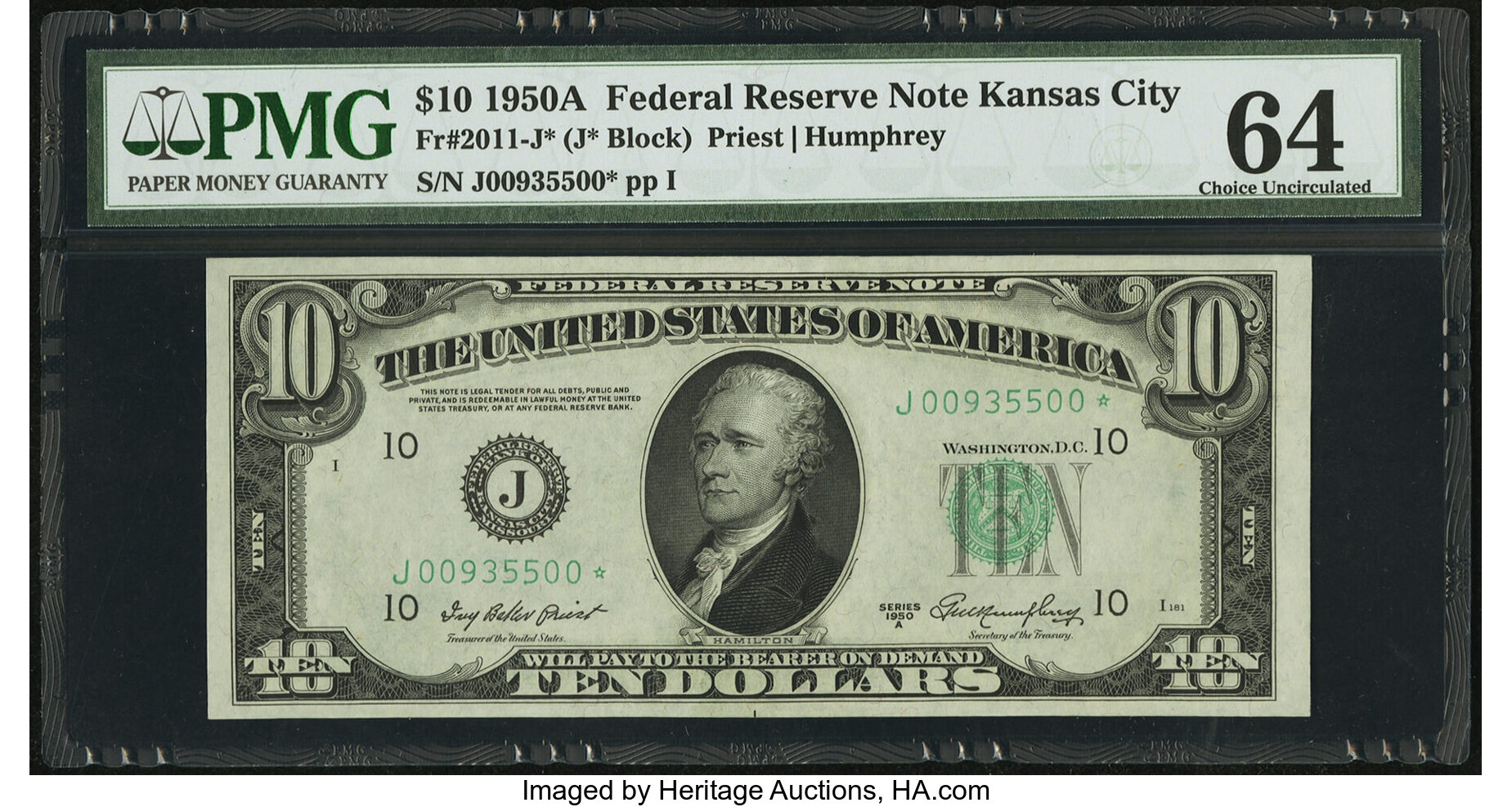 image for: Fr. 2011-J* $10 1950A Federal Reserve Note. PMG Choice Uncirculated 64....