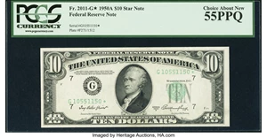 image for: Fr. 2011-G* $10 1950A Federal Reserve Star Note. PCGS Choice About New 55PPQ....