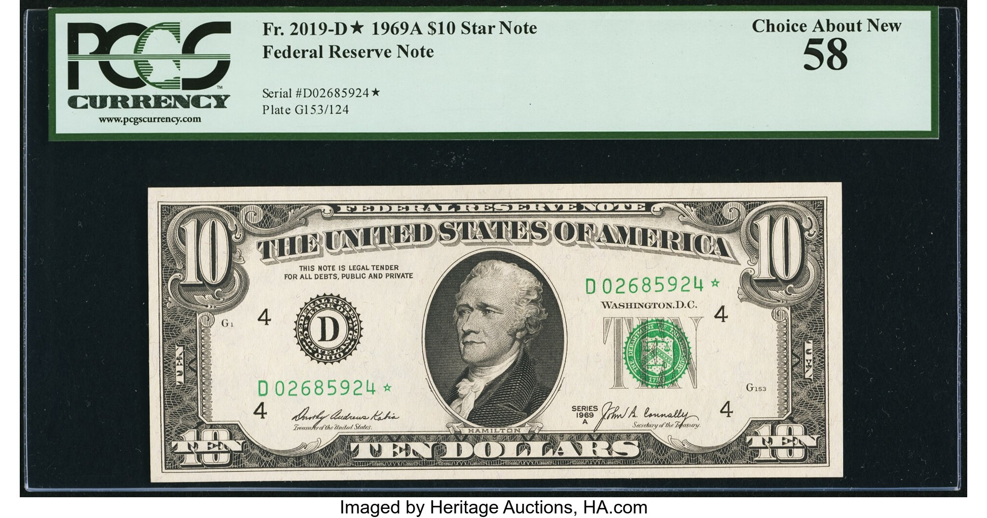 image for: Fr. 2019-D* $10 1969A Federal Reserve Star Note. PCGS Choice About New 58....