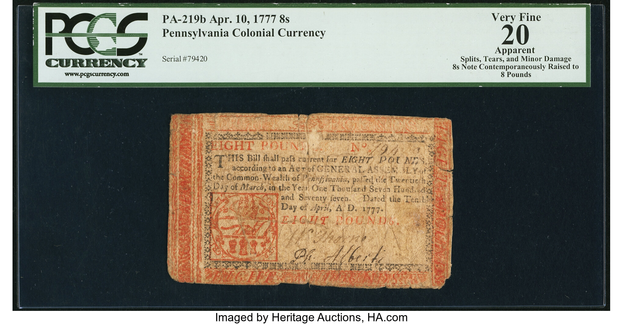 image for: Pennsylvania April 10, 1777 8s PCGS Apparent Very Fine 20....
