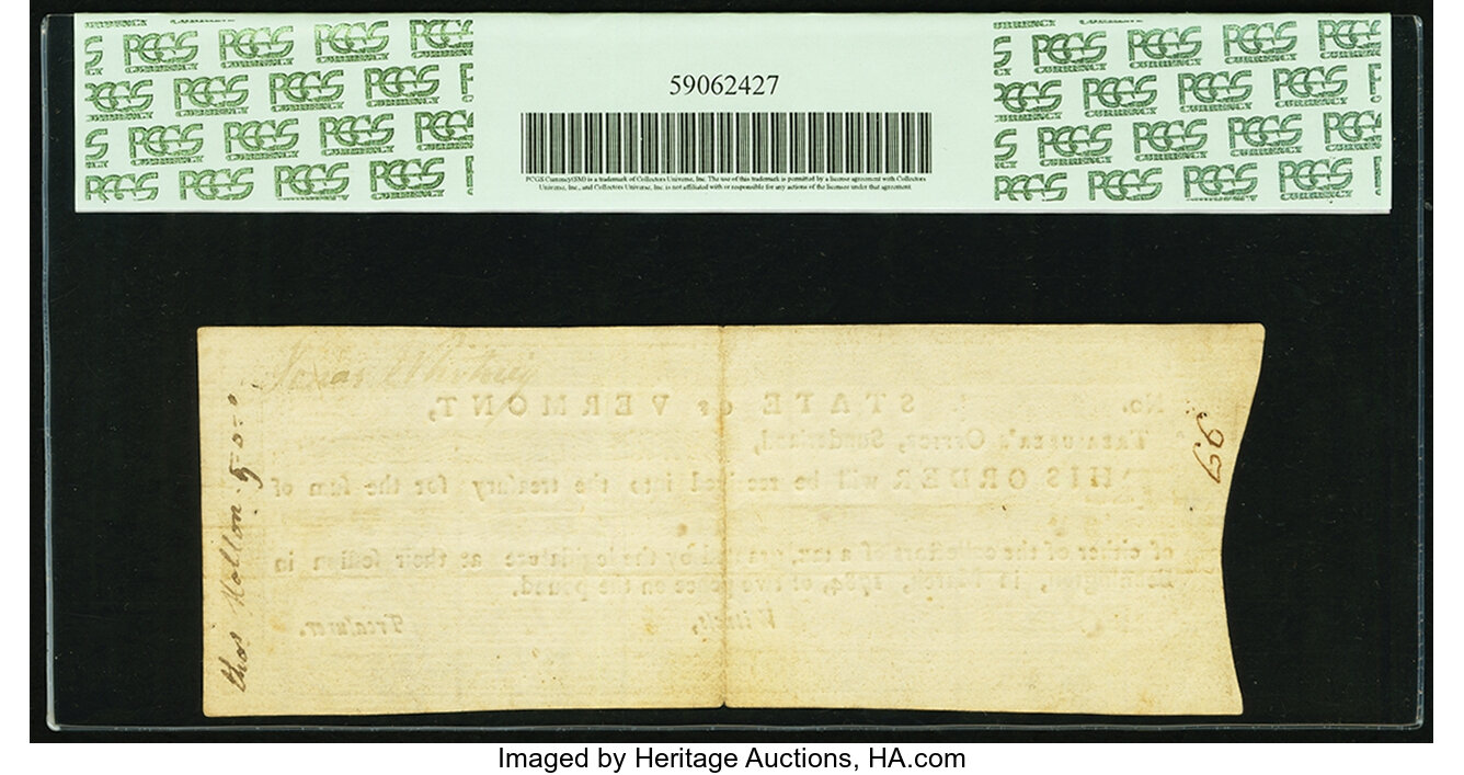 image for: Vermont Treasury Certificate £5 March 25, 1785 Anderson 2 PCGS Choice About New 55....