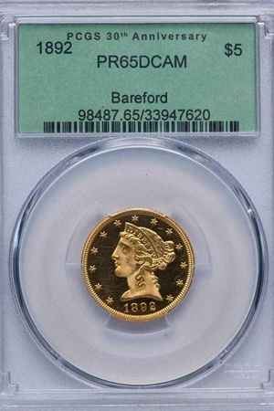 image for: $5 1892 PCGS PR65 DCAM EX BAREFORD