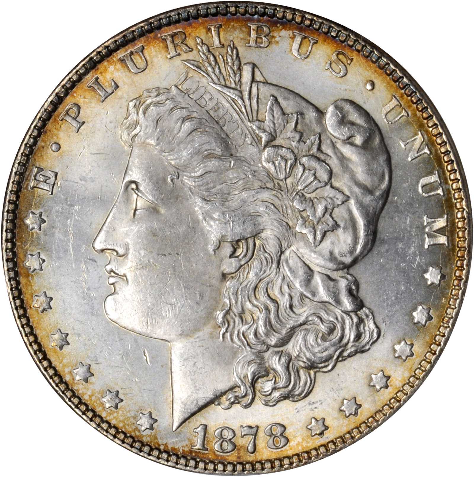 1878 Morgan Silver Dollar. 7 Tailfeathers. Reverse of 1878. VAM-70. Doubled RIB. MS-63 (ANACS). OH.