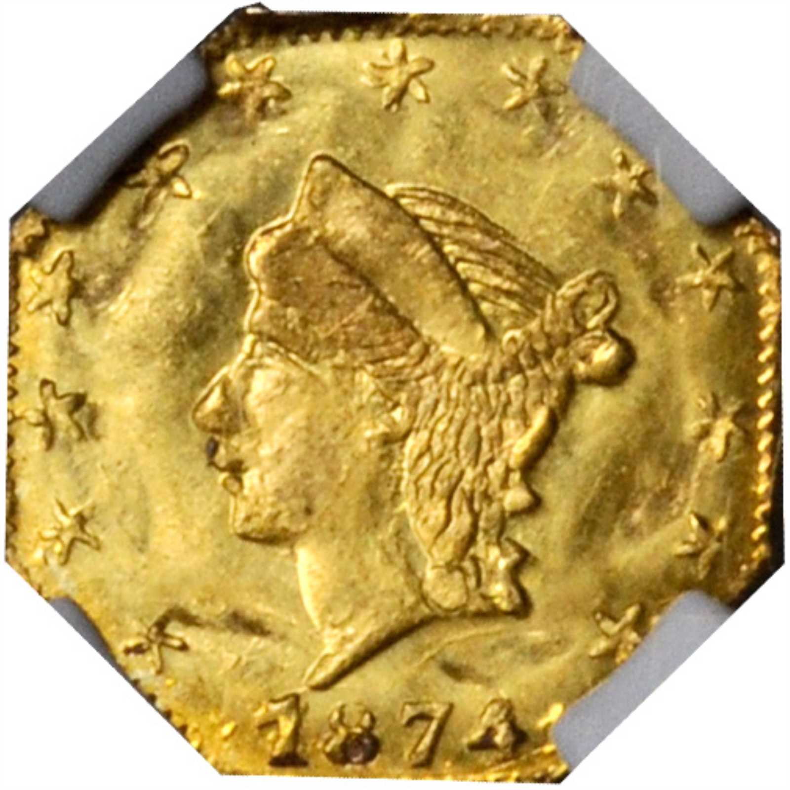 image for: 1874/1874 Octagonal 25 Cents. BG-776. Rarity-5-. Liberty Head. Unc Details--Reverse Scratched (NGC).