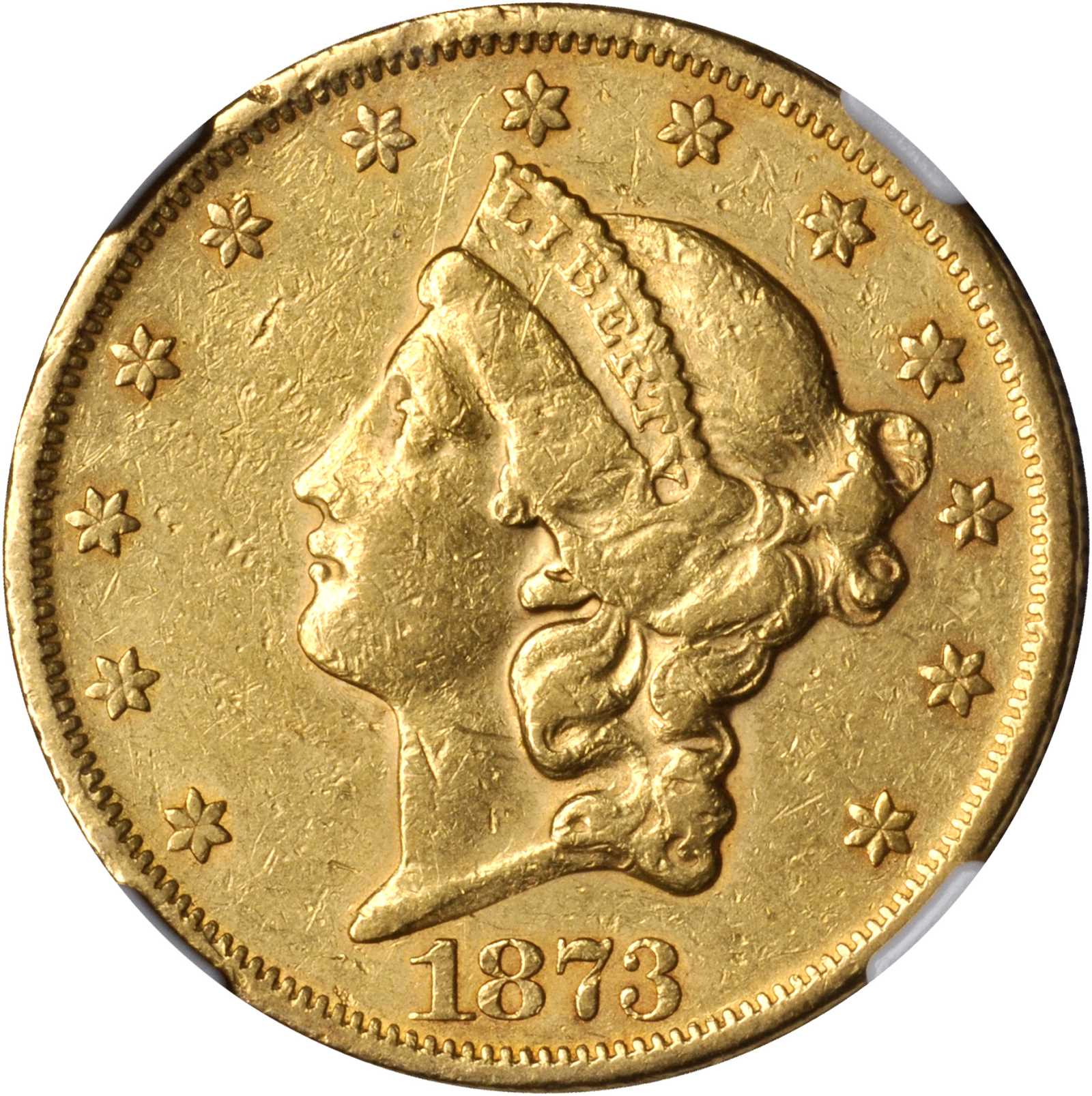 1873 Liberty Double Eagle. Open 3. EF-40 (NGC).