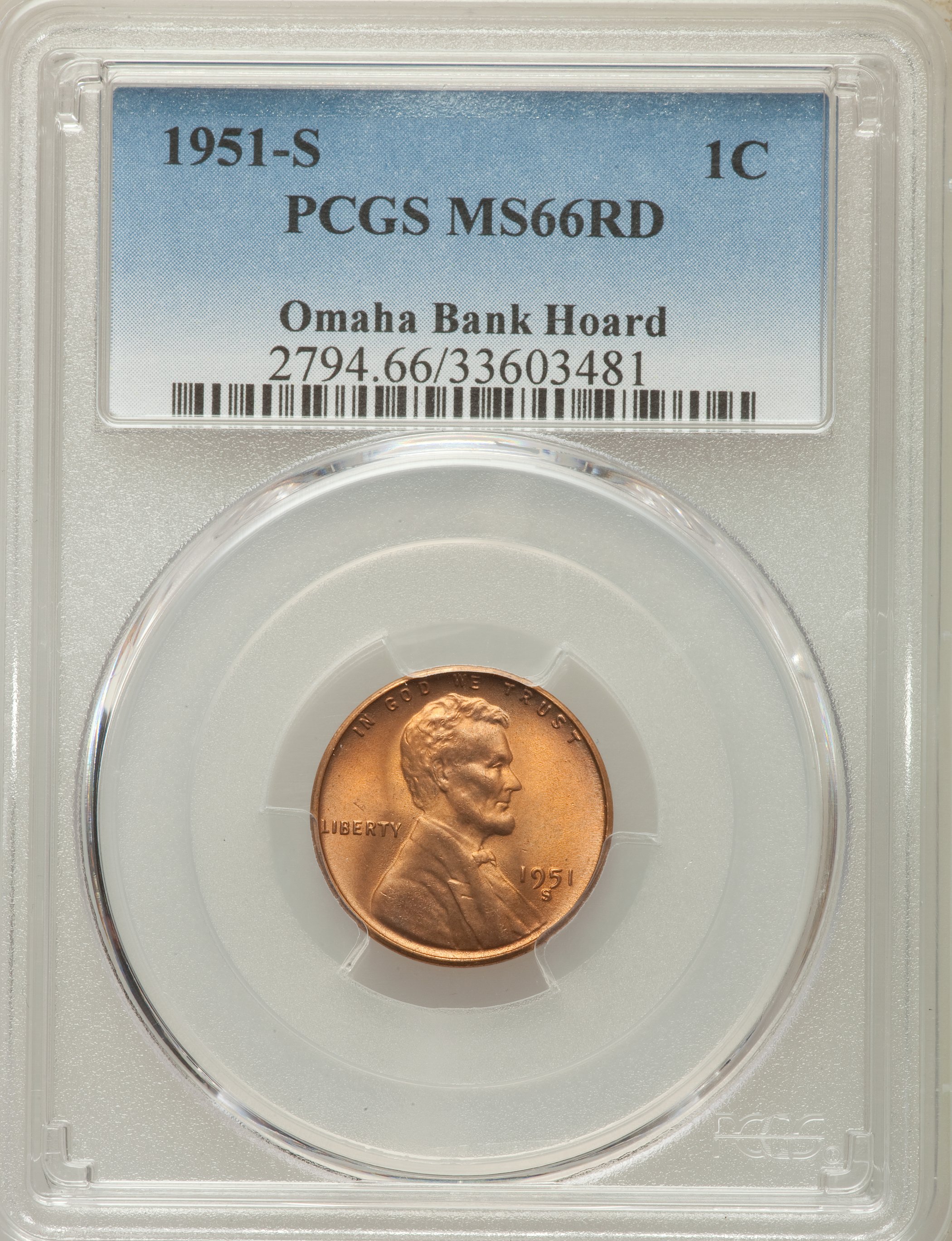 1951-S 1C MS66 Red PCGS. Ex: Omaha Bank Hoard. PCGS Population: (1157/97). NGC Census: (1105/195). Mintage 136,010,000....