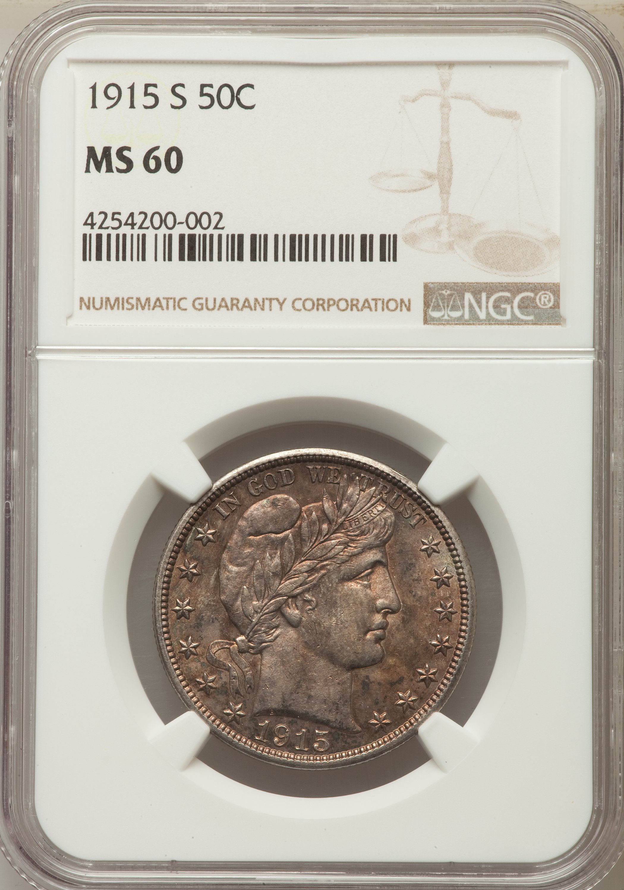 1915-S 50C MS60 NGC. NGC Census: (1/279). PCGS Population: (4/306). CDN: $480 Whsle. Bid for problem-free NGC/PCGS MS60. Mi...