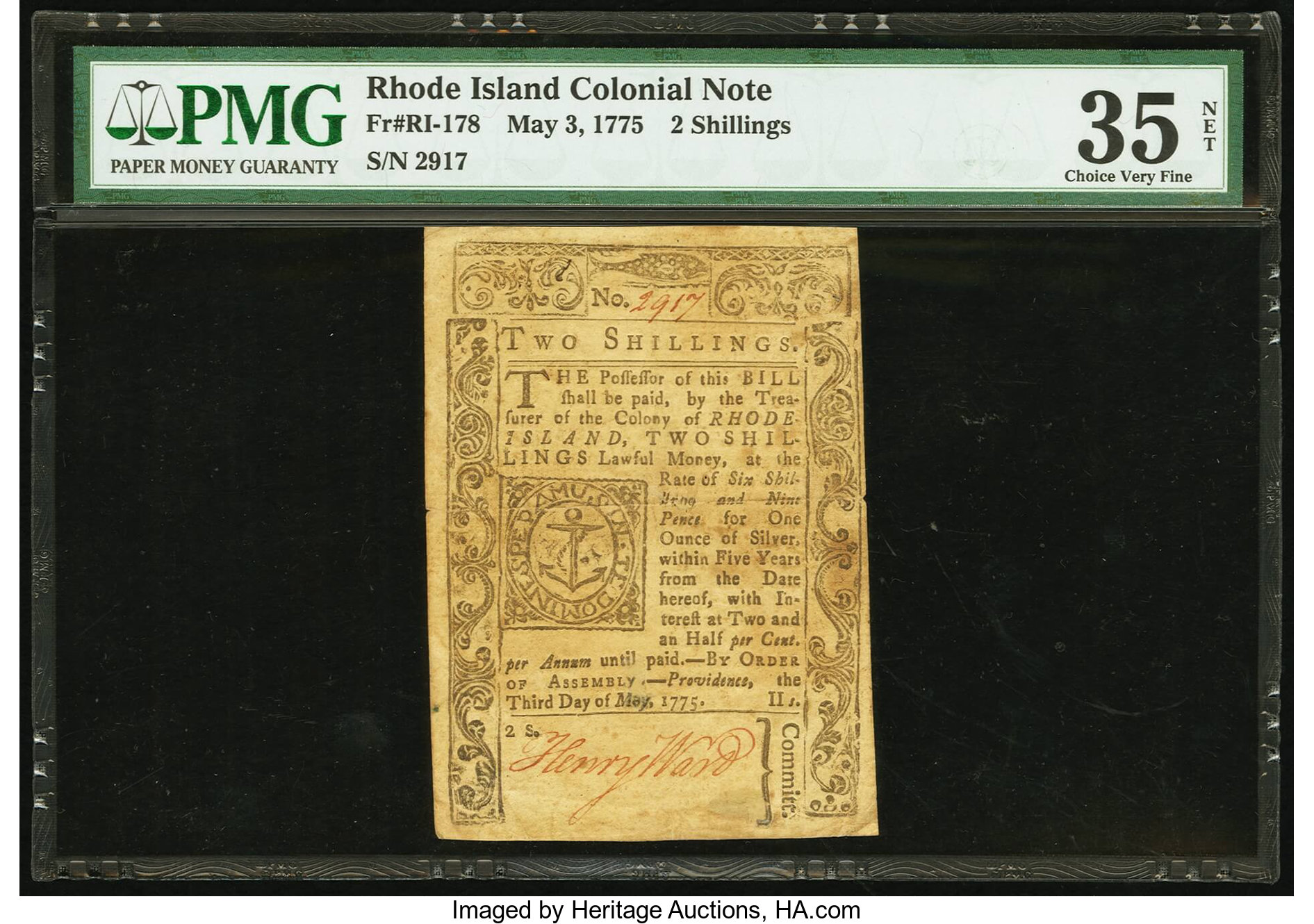 image for: Rhode Island May 3, 1775 2s PMG Choice Very Fine 35 Net....