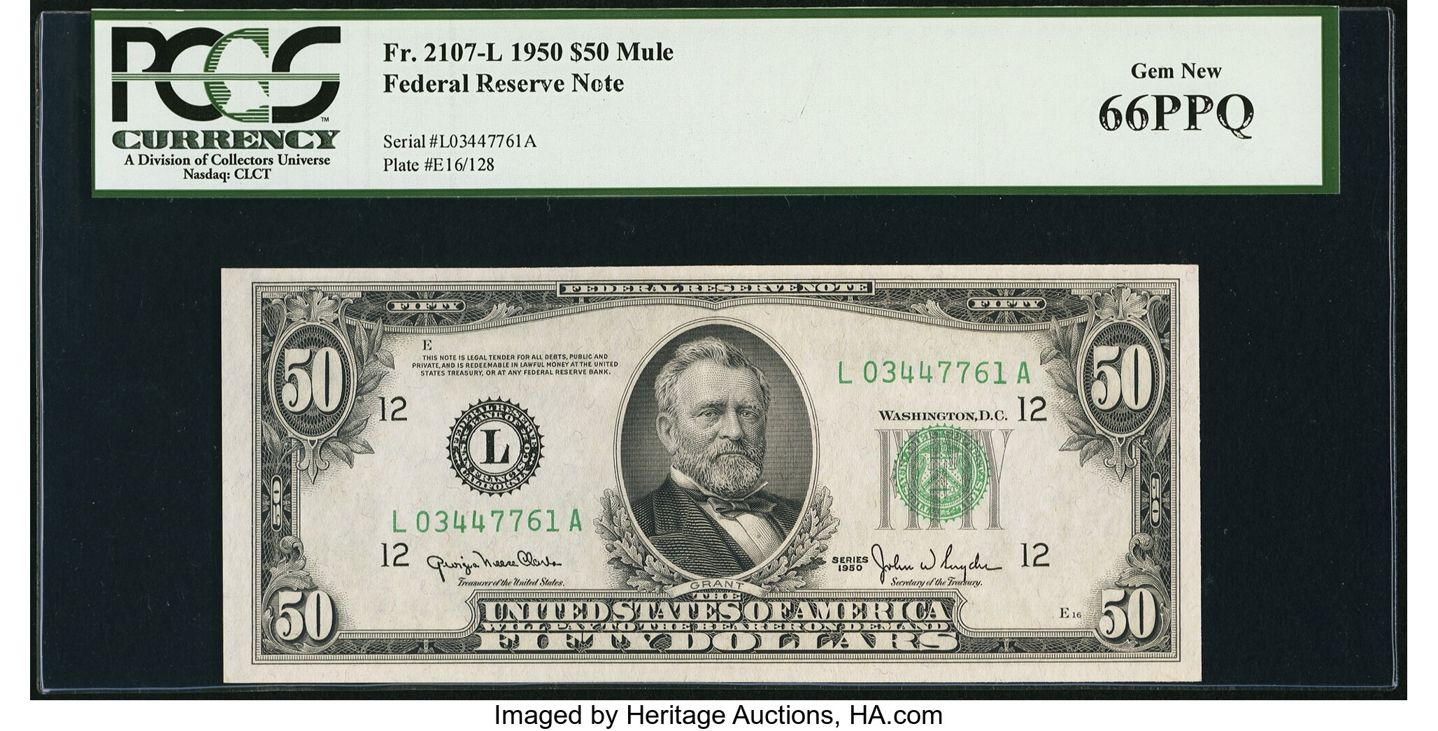 image for: Fr. 2107-L $50 1950 Mule Federal Reserve Note. PCGS Gem New 66PPQ....