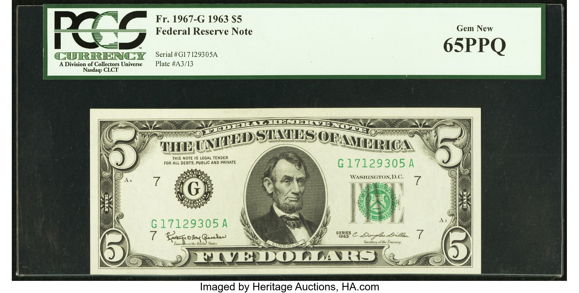 image for: Fr. 1967-G $5 1963 Federal Reserve Note. PCGS Gem New 65PPQ....