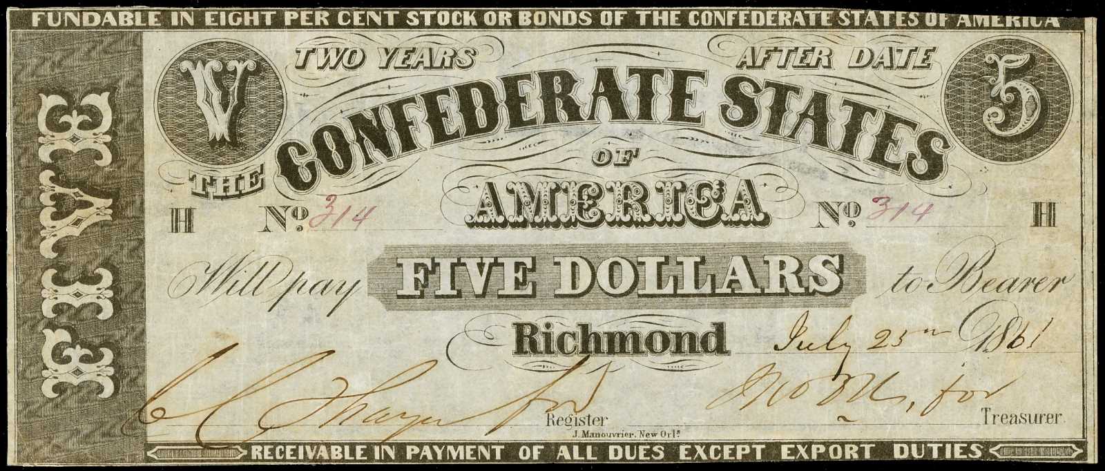 image for: T-12. Confederate. 1861 $5 PMG VF 30