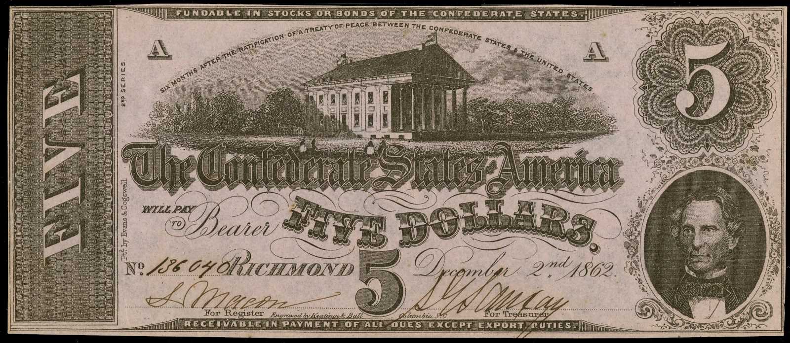 image for: T-53. Confederate. 1862 $5 PMG Choice Uncirculated 64.