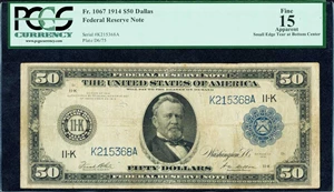 image for: Fr. 1067. 1914 $50 FRN. Dallas. PCGS Fine 15 Apparent. Small Edge Tear at Bottom Center.