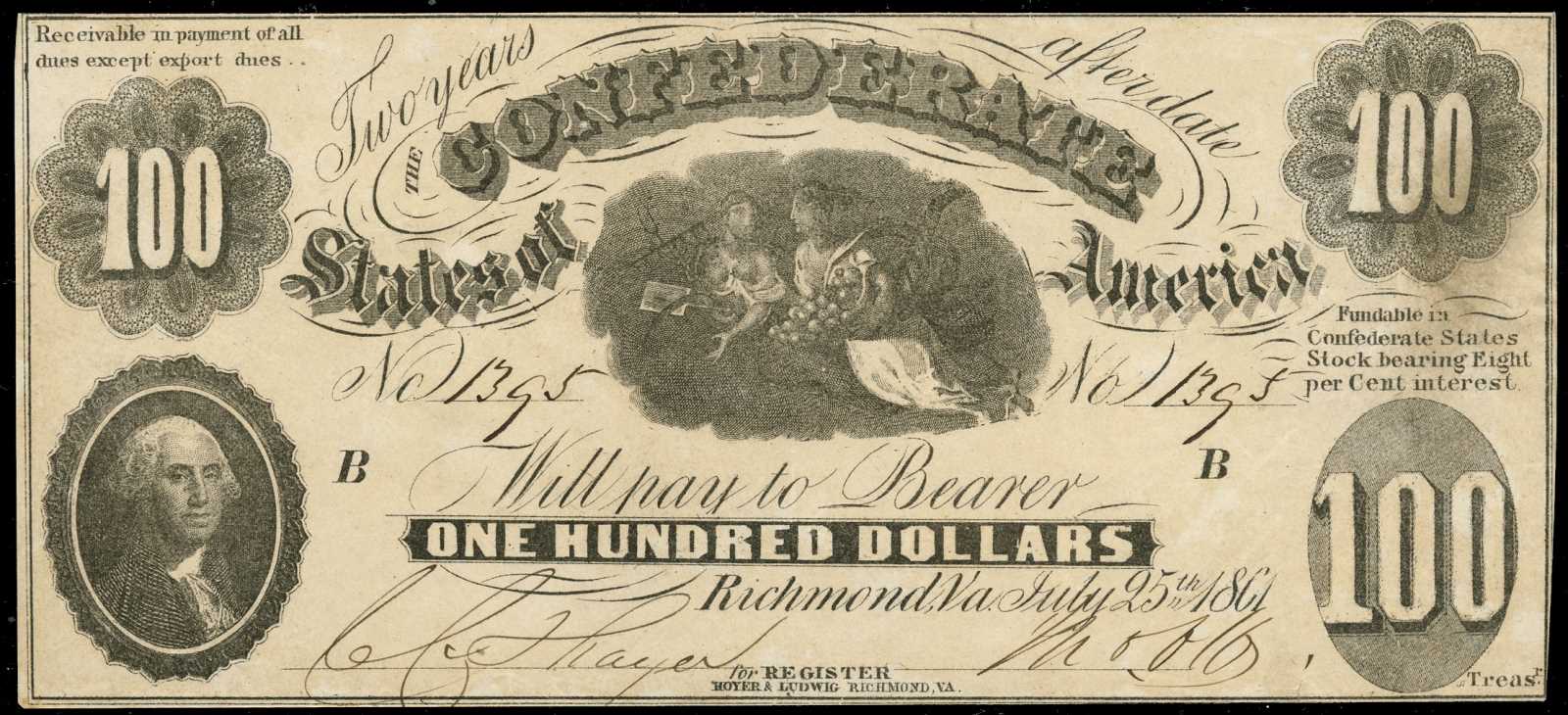 image for: T-7. Confederate. 1861 $100. PCGS Extremely Fine 45.