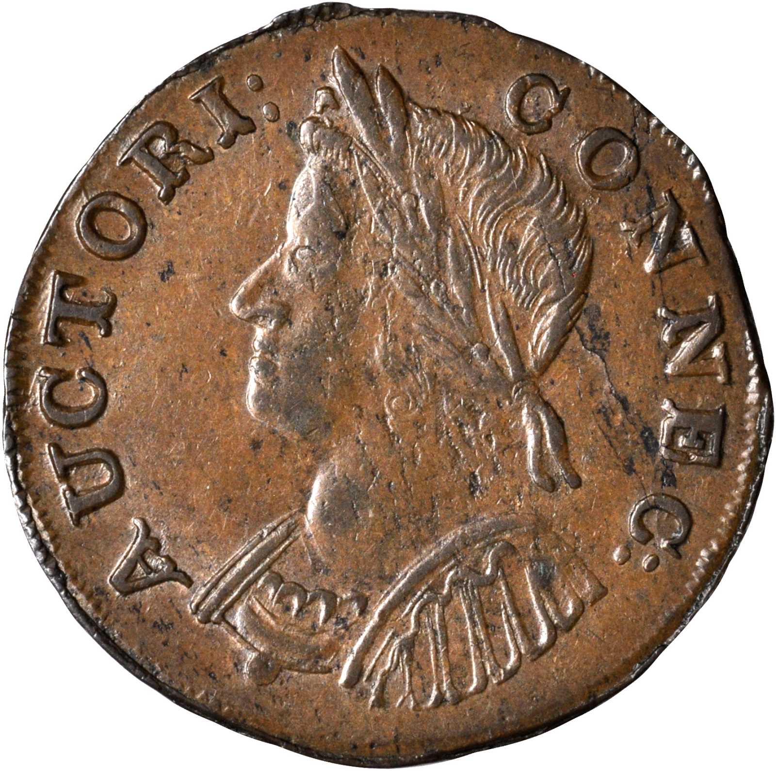 1786 Connecticut Copper. Miller 5.2-I, W-2550. Rarity-4 (conjectural). Mailed Bust Left. AU-58 (PCGS).